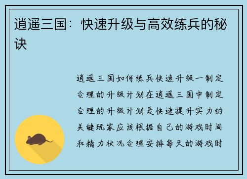 逍遥三国：快速升级与高效练兵的秘诀