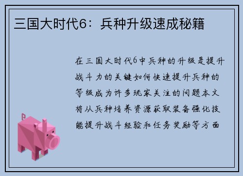 三国大时代6：兵种升级速成秘籍